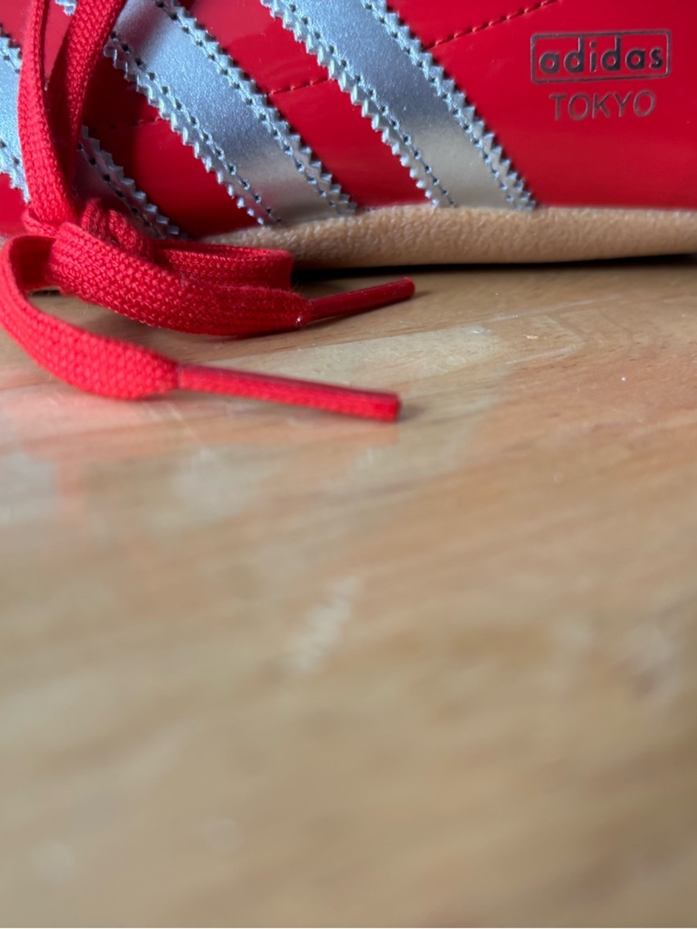 Women’s adidas Tokyo Red Patent Leather Sneakers with Silver Stripes NWT - Picture 3 of 5